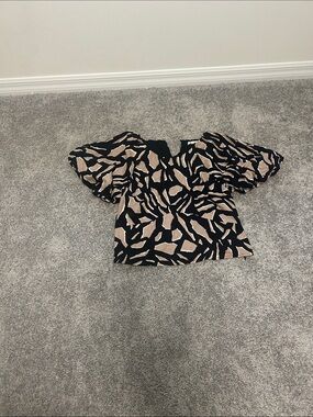 DKNY Black and Beige Abstract Puff-Sleeve Blouse